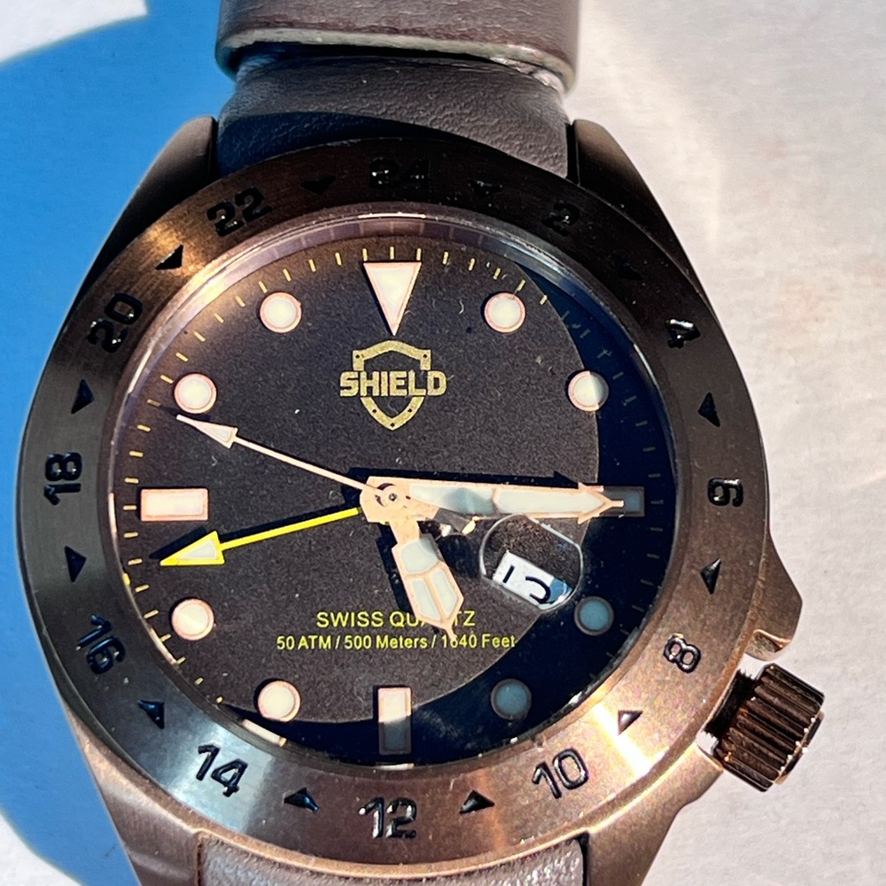 Men’s Shield 316L SS Black Face  Copper Color 50 atm 500M 1640ft Leather Band